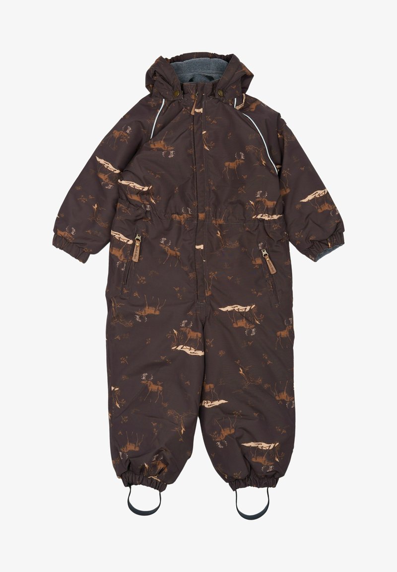 Brauner gepolsterter Schneeanzug mit einem ganzflächigen Naturdruck von Rehen und Bäumen, elastischen Bündchen, einer Kapuze und Reißverschluss-Taschen.