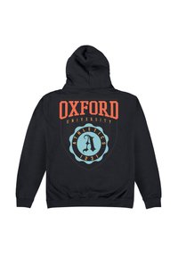 Černá mikina s kapucí, která na zádech obsahuje velký oranžový a modrý grafický print. Design zahrnuje nápis "Atletika Oxfordské univerzity" a kulatý emblém.