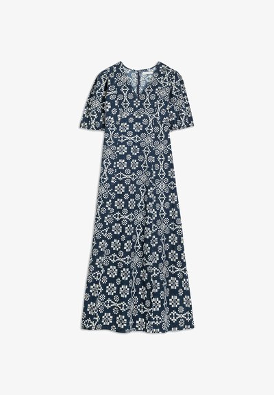 Námořnická midi šaty s bílým geometrickým květinovým vzorem, výstřih do V, krátké nabírané rukávy a rozšířená sukně.