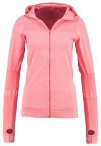 Rosa Damen Full-Zip Hoodie mit Daumenlöchern an den Bündchen sowie rippenförmigem Saum und Bündchen.