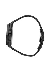 Schwarze Metalluhr mit rechteckigem Gehäuse, strukturiertem Zifferblatt und zwei Seitenknöpfen, ausgestattet mit einem Armband im Gliederdesign.