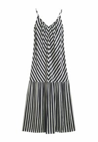 Gestreiftes Kleid mit navyblauen und weißen diagonalen Streifen, ausgestattet mit dünnen Spaghettiträgern und einem ausgestellten Rock, aus leichtem Stoff gefertigt.