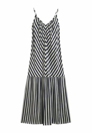 Gestreepte jurk met marineblauwe en witte diagonale strepen, voorzien van dunne spaghettibanden en een uitlopende rok, gemaakt van lichtgewicht stof.