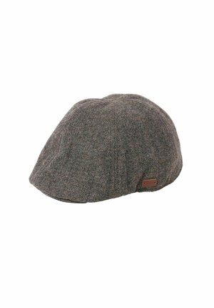 Gray tweed newsboy cap with a small brown leather logo tag on the side, shown against a white background.