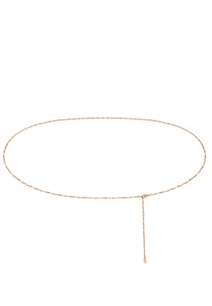 Goldfarbener Kettengürtel mit verlängerten ovalen Gliedern. Verfügt über eine verstellbare Länge mit einem herabhängenden Verlängerungsteil und einem minimalistischen Design.