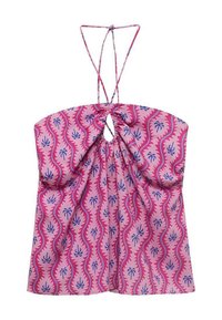 Top a motivo viola e rosa con corpetto arricciato, apertura a chiave e sottili spalline regolabili con un design di palme ondulate.
