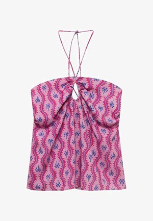 Ljubičasta i ružičasta bluzica s uzorkom koja ima nabran bodice, izrez u obliku ključa i tanke podesive naramenice s valovitim dizajnom palma.