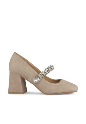Beige suede high heel shoe with a square toe, block heel, and decorative rhinestone strap across the instep. Smooth texture, minimal design.
