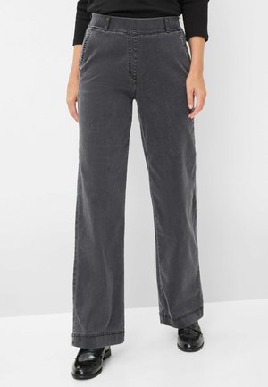 Gray wide-leg pants made of soft fabric, featuring front pockets, a button closure, and belt loops with a slight texture.