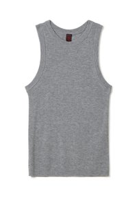 Grijze geribbelde mouwloze gebreide tanktop met ronde halslijn en aansluitende pasvorm, plat gelegd op een witte achtergrond.