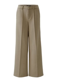 Weite Hosen aus leichtem beigem Material mit glatter Textur, Bügelfalte vorne und zwei Seitentaschen.
