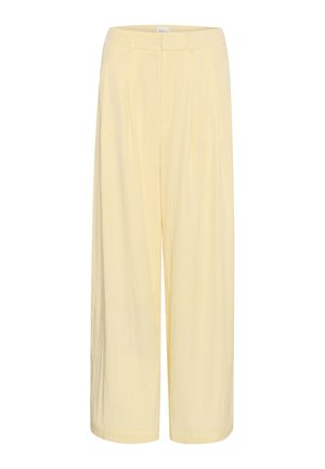 Pantalons à jambe large jaunes clairs avec une texture lisse, dotés de deux poches avant et d'une taille plate, conçus pour un ajustement décontracté.