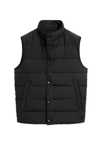 Gilet nero imbottito con colletto alto, dotato di chiusura a bottoni a pressione, tasche laterali e un design trapuntato per isolamento e stile.