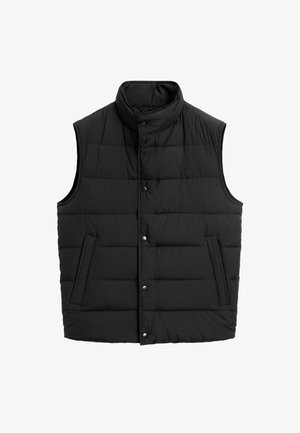 Zwarte gewatteerde vest met hoge kraag, voorzien van drukknoopsluitingen, zijzakken en een gewatteerd ontwerp voor isolatie en stijl.