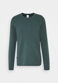 Zielony sweter z wełny, okrągły dekolt, długie rękawy, gładka faktura, prosty krój, minimalistyczny design, mała metka z logo po boku.