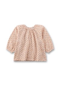Helle rosa Bluse mit langen Ärmeln und gerafftem Ausschnitt, verziert mit einem floralen Muster in Orange und Lila. Weicher, strukturiert Stoff, lockere Passform.
