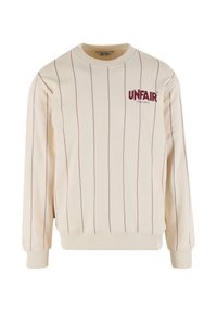 Beige huppari pystysuorilla viininpunaisilla raidoilla. Pyöreä kaula-aukko, resorit hihoissa ja helmassa. "UNFAIR" -logo viininpunaisena rinnassa. Pehmeä kankaan rakenne.