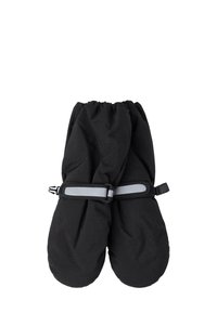 Muffole nere imbottite con polsini elastici e una cinghia regolabile grigia. Texture liscia, forma arrotondata, progettate per il calore e la protezione.