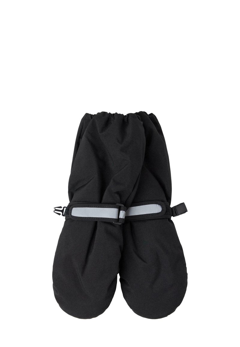 Muffole nere imbottite con polsini elastici e una cinghia regolabile grigia. Texture liscia, forma arrotondata, progettate per il calore e la protezione.