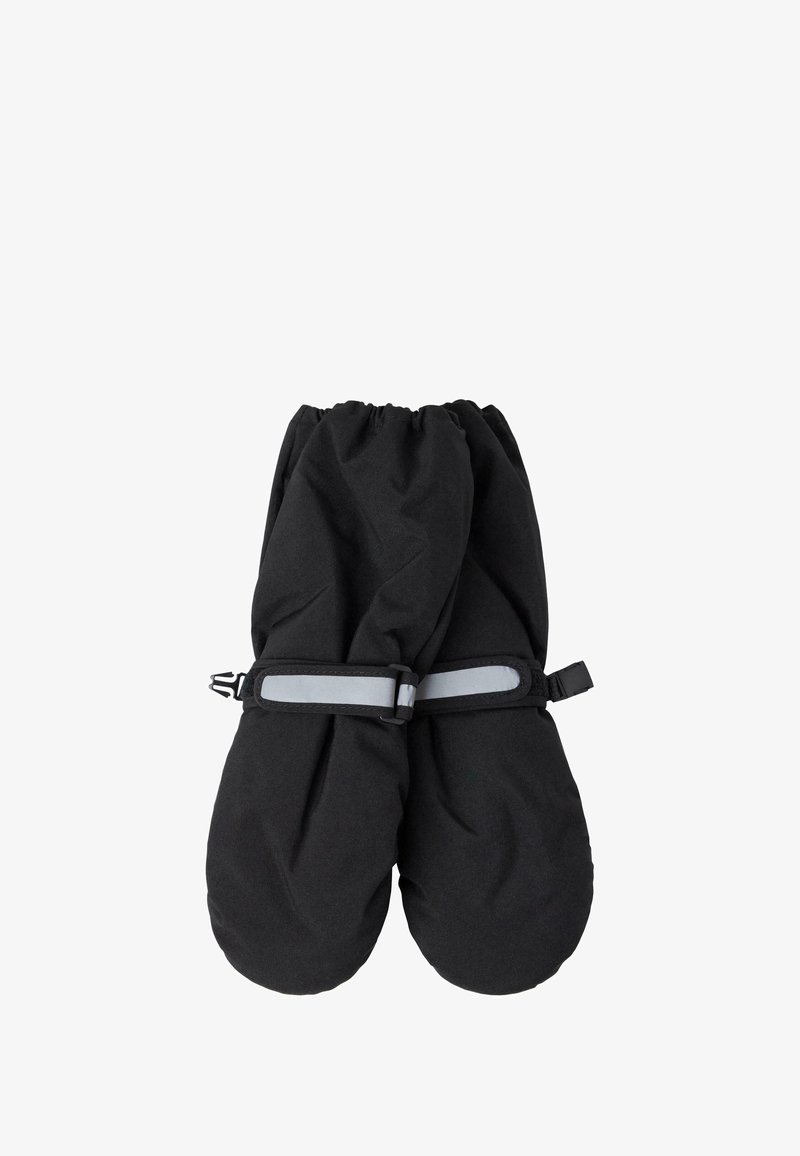 Muffole nere imbottite con polsini elastici e una cinghia regolabile grigia. Texture liscia, forma arrotondata, progettate per il calore e la protezione.