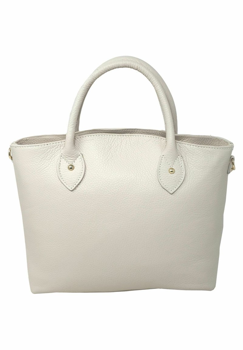 Sac à main en cuir couleur crème avec deux poignées arrondies et une surface lisse légèrement texturée sur fond blanc.