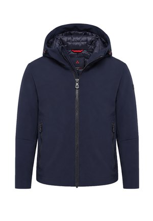 Giacca con cappuccio blu navy con zip frontale, due tasche laterali con zip e fodera interna trapuntata visibile sul colletto.