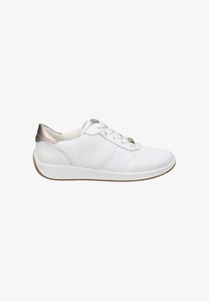 White sneaker with a textured mesh upper and smooth leather accents. Features a rounded toe, lace-up front, and a flexible rubber sole.
