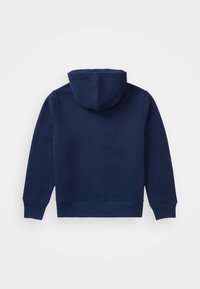 Mörkblå huvtröja som är tillverkad av mjukt tyg, med dragsko i huvan samt ribbade ärmslut och fåll. Enkel design utan synliga logotyper eller mönster.