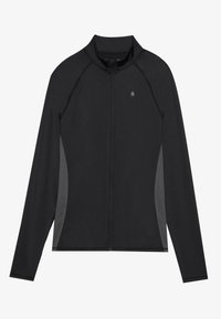 Chaqueta negra con cremallera y mangas largas, que presenta paneles laterales grises y una tela texturizada. Incluye un collar alto y un pequeño logo.