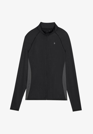 Black zip-up jacket with long sleeves, featuring grey side panels and a textured fabric. Includes a stand-up collar and a small logo.