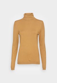 Pull col roulé moutarde en tricot doux, avec des manches longues et une coupe ajustée. Texture lisse, détails de coutures minimalistes.