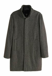 Grå, texturerad kappa med hög krage, två sidofickor och dragkedja framtill. Har ett subtilt rutig mönster.