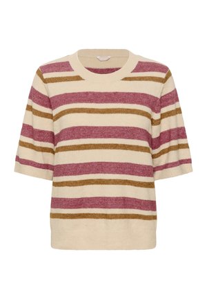 Pull à manches courtes en crème avec des rayures bordeaux et moutarde. Fabriqué en matériau doux avec un col ribbed et une finition texturée.