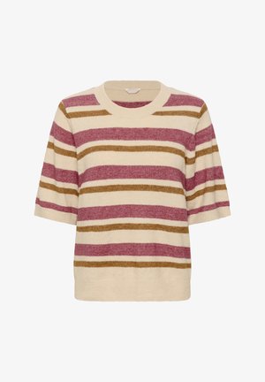Pull à manches courtes en crème avec des rayures bordeaux et moutarde. Fabriqué en matériau doux avec un col ribbed et une finition texturée.