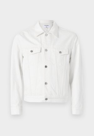 Biela denimová bunda s predným zapínaním na gombíky, dvoma náprsníkmi a špičatým golierom. Obsahuje strieborné gombíky a štruktúrovaný strih.