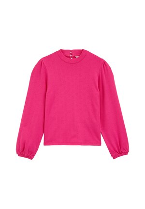 Maglietta rosa a maniche lunghe con collo rotondo, motivo testurizzato e chiusura con bottoni sul retro. Presenta maniche a sbuffo e una silhouette aderente.