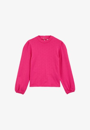 Rosa långärmad topp med rund hals, texturerat mönster och knappstängning bak. Har puffärmar och en åtsittande silhuett.
