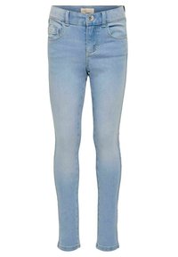 Světle modré úzké džíny s klasickým pětipocket designem, zipem a kovovým knoflíkem. Měkká textura s mírným elastickým efektem.