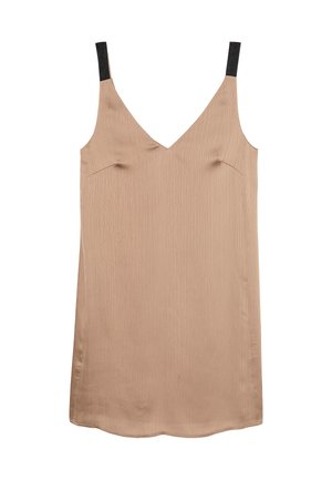 Satinkleid in Beige mit V-Ausschnitt, dünnen Trägern und schwarzen Akzenten an der Schulter. Glatte Textur und leicht ausgestellter Saum.