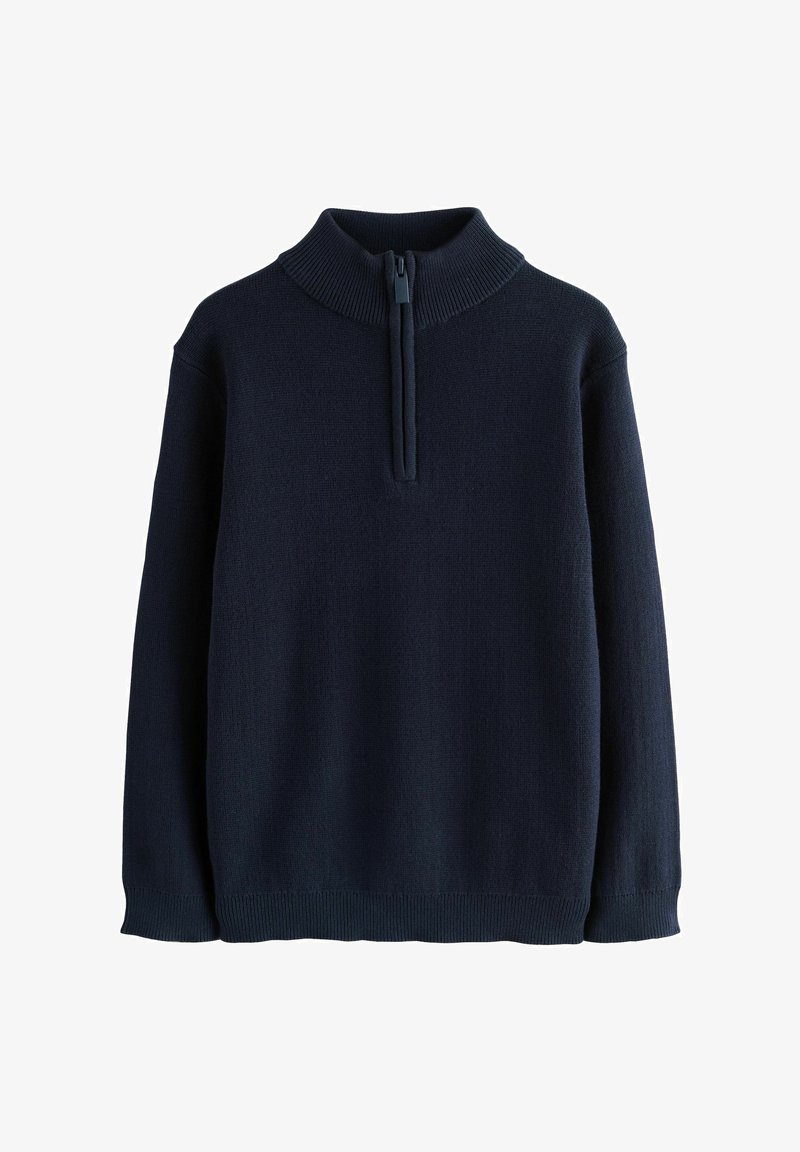 Granatowy sweter z dzianiny z długimi rękawami, prążkowanym kołnierzem i mankietami oraz półzamkiem przy szyi.