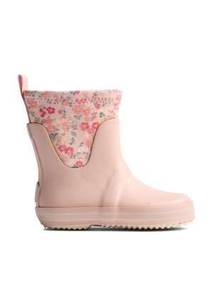 Roze regenlaarsje voor peuters met een manchetruimte van gebloemde stof en een trekkoord, voorzien van een rubberen zool met gripprofiel.