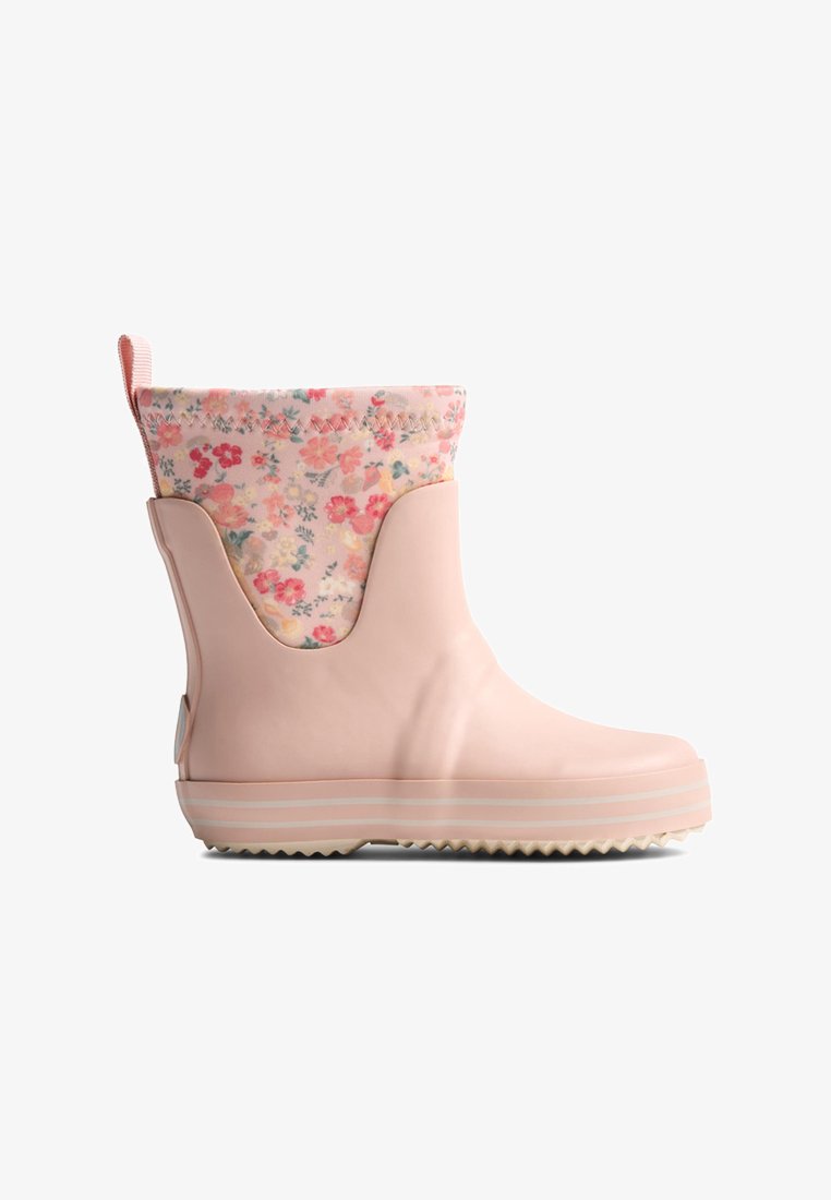 Botte de pluie rose pour tout-petit avec manchette en tissu floral et languette d'aide au chaussage, dotée d'une semelle en caoutchouc antidérapante.