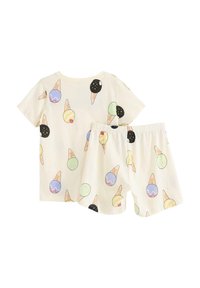 Katoenen tweedelige pyjama set met een crèmekleurige achtergrond, voorzien van kleurrijke ijscone graphics, korte mouwen en shorts met elastische tailleband.