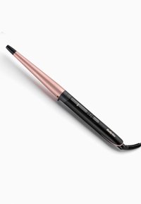 Curling wand with a tapered barrel, matte black handle, and pink metallic accents. Features control buttons along the handle for temperature adjustment.