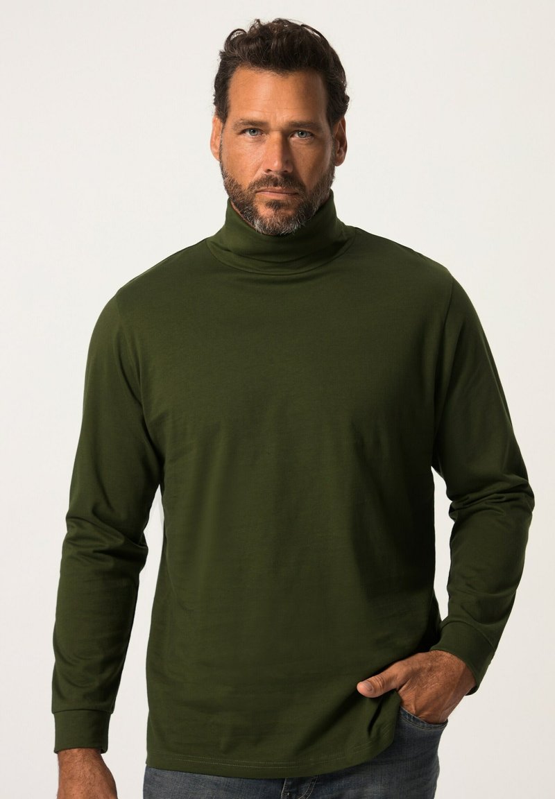 Maglietta verde a maniche lunghe con collo alto in materiale morbido, caratterizzata da una vestibilità slim e una lucentezza sottile, abbinata a un polsino casual e a un design del collo rilassato.