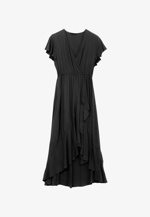 Zwarte wikkeljurk met korte mouwen, V-hals, elastische taille en asymmetrische gerimpelde zoom.