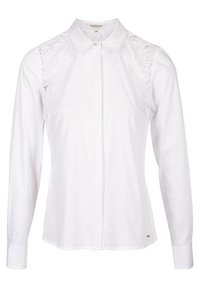 White button-up shirt with long sleeves, featuring lace accents on shoulders, a classic collar, and a smooth cotton texture.