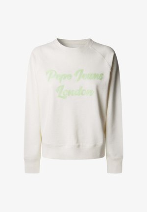 Kreemveida daudzenīša ar ribotām piedurknēm un apakšu. Priekšpusē viegli zaļā izšuvumā redzams uzraksts "Pepe Jeans London". Klasiska apaļa kakla izgriezuma dizains.