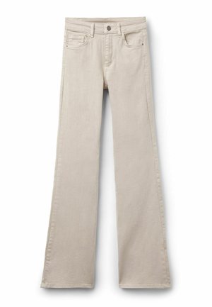 Vaqueros beige de talle alto con cierre de botón y cremallera, bolsillos delanteros y traseros, y diseño de pierna ancha.