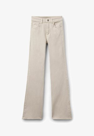 Beige hoge taille jeans met knoop- en ritssluiting, voor- en achterzakken, en een brede pijp ontwerp.